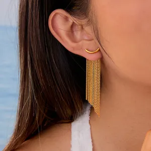 Elegant gold stainless steel curved stud earring with layered snake chain fringe detail