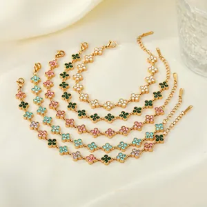 Mode Edelstahl Mehrfarbig Strass Blume Gliederkette Armband Für Damen Trendige Vergoldete Klee Schmuck Geschenk