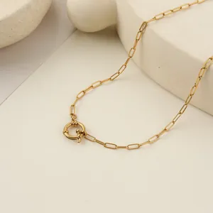 Collana a catena a graffetta dorata con chiusura a molla su sfondo minimalista.