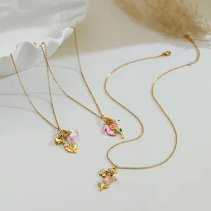 Halskette aus Edelstahl mit Tulpenanhänger für Damen Bunte Emaille Blume Herz Schmetterling Biene Künstliche Perle Schmuck