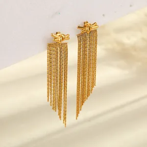Detailansicht eleganter goldener Edelstahl-Ohrringe mit einem mehrlagigen Quasten-Design