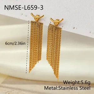 Detailed view of 6cm long gold stainless steel snake chain tassel earrings