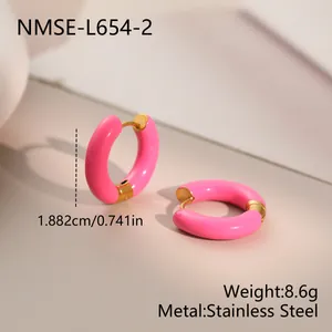 Close-up of pink enamel stainless steel hoop earrings with size and weight dimensions