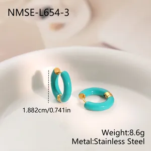 Cyan enamel hoop earrings with size and stainless steel material specifications