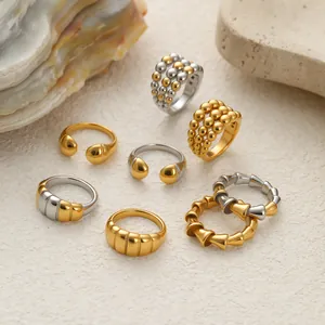 Anillo Abierto Minimalista de Acero Inoxidable Bicolor para Mujer Estilo Europeo Americano Cuentas Nudo de Bambú Anillo Ajustable Joyería