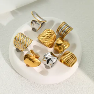 Minimalist Stainless Steel Open Ring For Women Hollow Out Leaf Wide Band Ring Gold Silver Two-Tone Geometric Textured Finger Ring Fashion Jewelry