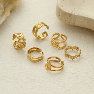 Anillo Abierto de Acero Inoxidable Vintage para Mujer Chapado en Oro Torsión Tejida Hoja Estrella Geométrico Anillo Ajustable Joyería Regalo