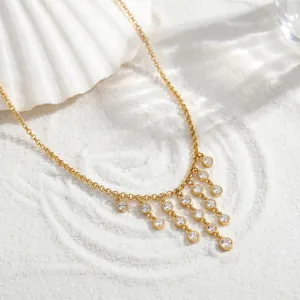 French Style Light Luxury Stainless Steel Gold Plated Zirconia Tassel Pendant Necklace For Women Elegant Fashion Jewelry