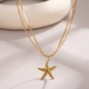 Detail view of a gold-plated stainless steel double-layer necklace with starfish pendant
