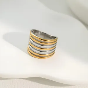 Detail shot of a wide stainless steel ring featuring alternating gold and silver ribbed layers