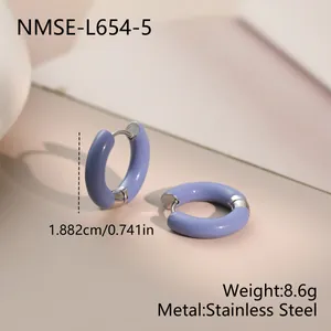 Detailed view of purple enamel hoop earrings with stainless steel material and size info