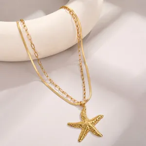 Western Style Stainless Steel Gold Plated Double Layer Starfish Pendant Necklace Bohemian Vacation Jewelry For Women
