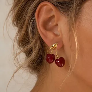 Vintage 3D Cherry Stud Earrings Retro Enamel Red White Fruit Drop Earrings Stainless Steel Gold Plated Jewelry For Women