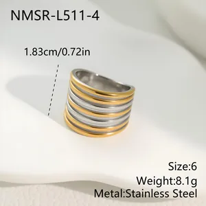 Macro detail of two-tone stainless steel wide ring with alternating gold and silver bands
