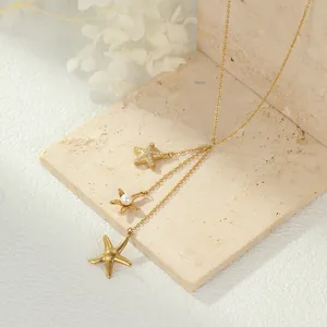 Collar de Borla de Estrella de Mar de Acero Inoxidable Chapado en Oro para Mujer Colgante de Perla Artificial Strass Joyería de Vacaciones de Playa