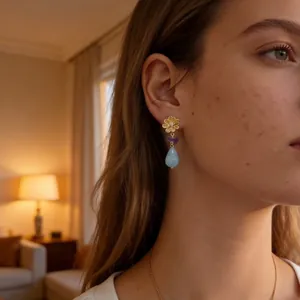 Roestvrij Stalen 18K Vergulde Bloem Oorknopjes Voor Vrouwen Natuurlijke Paarse Blauwe Steen Hanger Oorbellen Sieraden