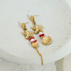 Retro Roestvrij Staal Asymmetrische Zeester Schelp Oorbellen Voor Vrouwen Verguld Oceaan Stijl Kunstparel Oorbellen