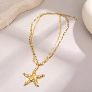 Detailed view of gold plated stainless steel layered necklace with a textured starfish pendant