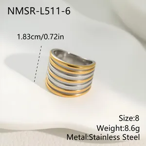 Detailed view of the bicolor layered stainless steel wide ring with measurements info