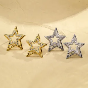 Stainless Steel Double Layer Geometric Star Rhinestone Stud Earrings For Women Minimalist Ins Style Fashion Commute Jewelry
