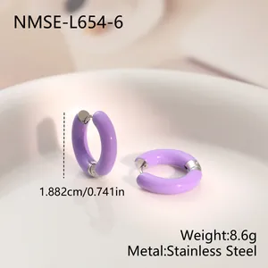Detailed view of purple enamel hoop earrings showing dimensions and stainless steel metal