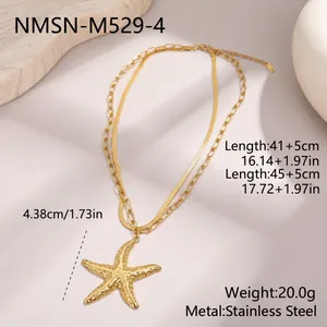 Detailed view of gold plated stainless steel double layer necklace with starfish pendant