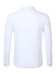 Back view of a men's white linen casual long sleeve shirt showing classic collar and texture