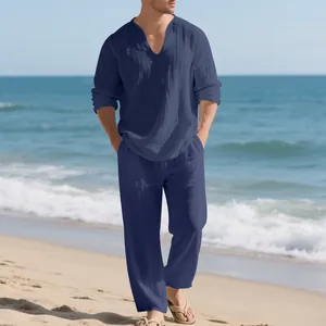 Loses Leinen-Urlaubsset für Herren in Dunkelblau mit Langarmshirt und passender langer Hose