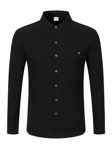 Detailed front view of a black men's long sleeve linen casual shirt with chest pocket