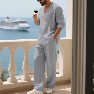 Zweiteiliges lockeres Leinen-Urlaubsset für Herren mit Langarmshirt und langer Hose