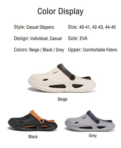 Produktdetailansicht der EVA-Clogs in Beige, Schwarz und Grau mit verschiedenen Farboptionen.