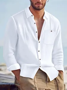 Lifestyle view showing the relaxed fit and linen texture of a white men's shirt