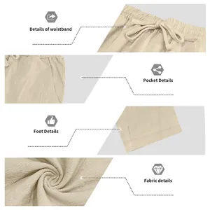 Detailaufnahmen beige Leinenhose mit Bund, Tasche und Stoffstruktur im Nahbereich