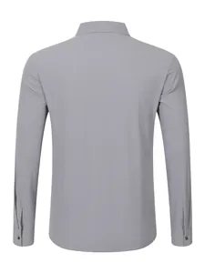 Back view of men's casual grey linen long sleeve shirt with clean minimalist design