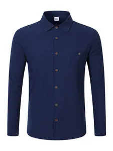 Detailed front view of a premium navy blue men's linen blend long sleeve shirt