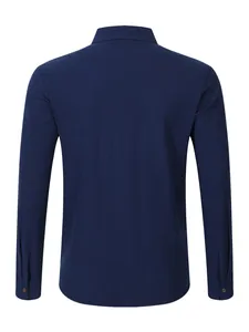 Detailed back view of a navy blue long-sleeved linen shirt for men, casual fit.