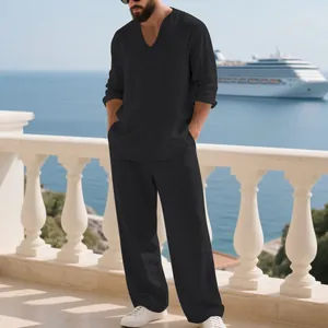 Set casual da uomo in lino nero a due pezzi per vacanza con camicia a maniche lunghe e pantaloni