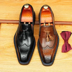 Premium men's tassel brogue loafers in black and brown leather with square toe design