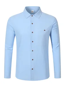 Detailed front view of a light blue linen blend men's long sleeve shirt
