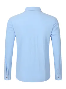 Rear view of light blue long sleeve linen shirt for men showing back detail