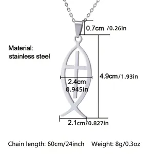 Detailed view of a stainless steel fish and cross pendant with precise dimensions and measurements