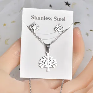 Polished silver stainless steel tree of life necklace and stud earrings jewelry set