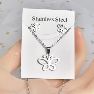 Polished stainless steel butterfly necklace and earrings jewelry set displayed on card