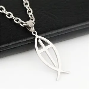 Stainless steel Ichthys fish cross pendant necklace with polished finish on black