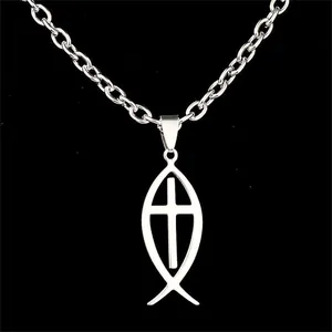 Stainless steel Ichthys fish pendant necklace with cross design on black background