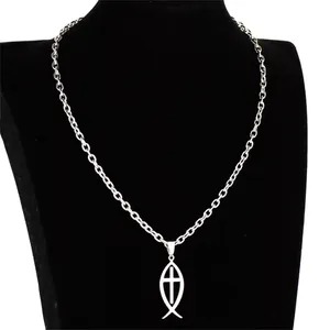 Polished stainless steel Ichthys fish and cross pendant necklace on a black velvet display