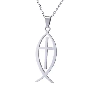Stainless steel Ichthys fish pendant necklace with cross in polished silver finish