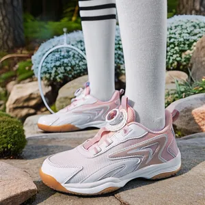 Chaussures de badminton respirantes pour enfants avec boucle rotative en rose et blanc