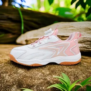 Chaussures de badminton respirantes rose et blanc pour enfants avec boucle rotative