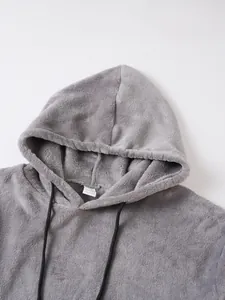 Men's casual loose gray hooded sweatshirt made from warm and soft coral fleece fabric